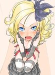  artist_request bathroom blonde_hair blue_eyes blush curly_hair dragon_quest dragon_quest_swords embarrassed feathers hair_feathers looking_up setia solo striped striped_legwear thighhighs toilet toilet_use tsundere 