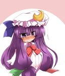  bangs blunt_bangs bow bowtie crescent dress frills hat jitome long_sleeves mob_cap patchouli_knowledge purple_eyes purple_hair red_bow red_neckwear shirogane_(platinum) simple_background solo touhou upper_body white_background white_dress 