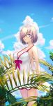  1girl arms_behind_back bare_legs bow breasts cleavage cloud cloudy_sky cowboy_shot day eyebrows_visible_through_hair fate/grand_order fate_(series) glasses hair_over_one_eye hands_together juu_roku_gen large_breasts lavender_hair looking_at_viewer mash_kyrielight ocean one-piece_swimsuit parted_lips plant purple_eyes short_hair sky sleeveless solo swimsuit swimsuit_of_perpetual_summer white_swimsuit 
