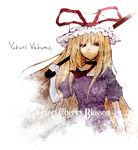  blonde_hair bow character_name copyright_name dress elbow_gloves frills gloves hat long_hair red_eyes ribbon simple_background solo touhou tsuki_yuuhi very_long_hair white_gloves yakumo_yukari 