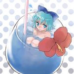  blue_eyes blue_hair blue_hawaii blush bow cirno coco_(artist) cup drink drinking_straw flower from_above in_container in_cup lowres minigirl mundane_utility open_mouth solo touhou tropical_drink 