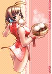  bamboo_steamer baozi bare_shoulders brown_hair china_dress chinese_clothes copyright_request cropped_legs dress food hits looking_back mouth_hold nek short_hair side_slit solo waitress wind wind_lift yellow_eyes 