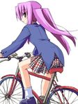  bicycle blazer blush ground_vehicle hoshi_umi jacket niwatazumi_keiko plaid plaid_skirt pleated_skirt purple_eyes purple_hair school_uniform simple_background skirt solo torikoro twintails 