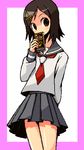  alternate_hairstyle bare_legs border brown_eyes brown_hair chocolate chocolate_bar chocolate_kouka cowboy_shot dark_chocolate fuura_kafuka grey_skirt meiji_(brand) oekaki outside_border pink_border pleated_skirt sayonara_zetsubou_sensei school_uniform serafuku shirono simple_background skirt solo white_background 