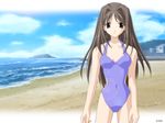  beach cloud day grey_eyes grey_hair lens_flare long_hair memories_off memories_off_2nd one-piece_swimsuit outdoors sasaki_mutsumi shirakawa_shizuru sky smile solo swimsuit wallpaper water 