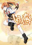  ankle_boots bare_legs belt black_footwear black_gloves blue_eyes boots buckle cross_mirage dress dual_wielding from_behind full_body gloves gun holding kakashichi kneepits looking_at_viewer looking_back lyrical_nanoha mahou_shoujo_lyrical_nanoha_strikers simon solo teana_lanster thighhighs uniform weapon white_dress yellow_background 