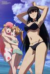  absurdres andou_masahiro ass barefoot bikini black_hair blonde_hair blue_eyes day hair_ribbon highres hug kimi_ga_aruji_de_shitsuji_ga_ore_de kuonji_miyu kuonji_shinra kuonji_yume long_hair megami multiple_girls navel pink_hair red_eyes ribbon sky soles swimsuit thighs twintails water 