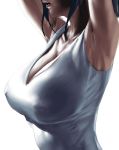 1girl armpits arms_up black_hair breasts cleavage collarbone commentary_request erect_nipples large_breasts open_mouth original out_of_frame shirt sleeveless sleeveless_shirt solo tank_top tomiokasena white_tank_top 