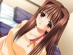  adachi_kyouko bed blush brown_eyes brown_hair game_cg haganemaru hair_intakes immoral long_hair solo 