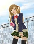  box brown_hair copyright_request heart-shaped_box hiyori school_uniform skirt solo thighhighs valentine 