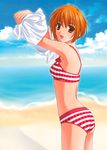  artist_request beach bikini cloud day ever_17 orange_eyes orange_hair outdoors solo striped striped_bikini swimsuit tanaka_yubiseiharukana undressing 
