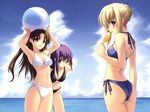  arms_behind_back artoria_pendragon_(all) ball beach beachball bent_over bikini day duplicate fate/stay_night fate_(series) food looking_back matou_sakura midriff multiple_girls outdoors popsicle reference_work saber shingo_(missing_link) side-tie_bikini swimsuit toosaka_rin 