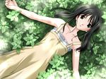  :o armpits black_hair blush brown_eyes collarbone dappled_sunlight dress looking_at_viewer lying memories_off memories_off_2nd minami_tsubame on_back outstretched_arms parted_lips sasaki_mutsumi short_hair sleeveless sleeveless_dress solo sundress sunlight 