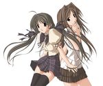  ahoge back-to-back black_legwear brown_eyes brown_hair grey_eyes grey_hair hair_intakes hair_ribbon long_hair memories_off memories_off_2nd multiple_girls plaid plaid_skirt ribbon sasaki_mutsumi school_uniform shirakawa_hotaru shirakawa_shizuru skirt smile thighhighs twintails zettai_ryouiki 