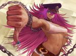  big_hair blue_eyes blue_nails breasts chain collar cuffs final_fight foreshortening hair_over_one_eye handcuffs hat large_breasts midriff nail_polish navel okojo peaked_cap pink_hair poison_(final_fight) sideboob solo spiked_collar spikes thumbs_down underboob 