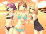  after arm_hug arms_behind_back beach bikini black_school_swimsuit blonde_hair blue_eyes bow breasts brown_eyes brown_hair cleavage cloud drink flat_chest game_cg hair_bow hair_ornament hairband hairclip kishi_youko lowleg lowleg_bikini medium_breasts multiple_girls navel one-piece_swimsuit one_eye_closed outdoors ponytail purple_eyes purple_hair sand school_swimsuit shiomiya_kanami short_hair sky small_breasts smile soda striped striped_bikini striped_swimsuit sunset swimsuit takawashi_nagisa tanaka_takayuki tankini water 