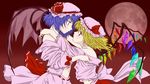  blonde_hair blue_hair blush eye_contact flandre_scarlet full_moon hat hat_ribbon highres hug incest looking_at_another miko_embrace moon multiple_girls niji_(nijioki) parody red_eyes red_moon remilia_scarlet ribbon short_hair siblings sisters touhou wings yuri 