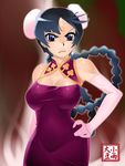  black_hair blue_eyes breasts bun_cover china_dress chinese_clothes cleavage cleavage_cutout double_bun dress elbow_gloves gloves gundam gundam_00 hand_on_hip kosame_daizu large_breasts looking_at_viewer pink_gloves red_dress serious solo wang_liu_mei 