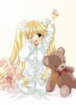  angel/dust_neo angel_flavor artbook blonde_hair blue_eyes bow haga_musia highres long_hair nanase_aoi pajamas solo stuffed_animal stuffed_toy teddy_bear twintails yawning 