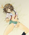  breasts jhonwalker kita_high_school_uniform medium_breasts panties school_uniform shirt_lift solo suzumiya_haruhi suzumiya_haruhi_no_yuuutsu underboob underwear 