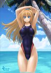  armpits arms_up blonde_hair blue_eyes breasts cameltoe competition_swimsuit covered_nipples highleg highleg_swimsuit large_breasts long_hair murasaki_nyaa ocean one-piece_swimsuit original palm_tree solo swimsuit tree water 