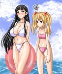  beach bikini black_hair blonde_hair blue_eyes blush breast_envy breasts cleavage day flat_chest hair_bobbles hair_ornament huge_breasts innertube long_hair looking_at_breasts multiple_girls nanakorobi_yaoki ocean original outdoors swimsuit twintails water 