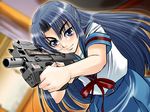  asakura_ryouko blue_eyes blue_hair bullpup dutch_angle gun half_updo kita_high_school_uniform p90 school_uniform sentape solo submachine_gun suzumiya_haruhi_no_yuuutsu weapon 