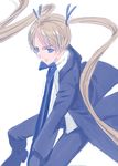  blonde_hair blue_eyes blue_neckwear collared_shirt gunslinger_girl jacket kawamura_rukanan long_hair long_sleeves looking_at_viewer necktie open_clothes open_jacket pants shirt simple_background solo triela twintails very_long_hair white_background white_shirt 