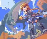  armor braid dragon girl_with_a_blonde_braid_(tomoshibi_hidekazu) long_hair lowres oekaki original solo sword tomoshibi_hidekazu very_long_hair weapon 