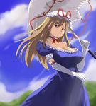  blue_sky breasts choker cloud covered_nipples day elbow_gloves gloves hat huge_breasts long_hair mob_cap outdoors parasol purple_eyes sky solo tenpura_(tenpura621) touhou umbrella white_gloves yakumo_yukari 