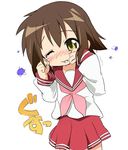  brown_hair fang ixy kusakabe_misao lucky_star pink_neckwear ryouou_school_uniform school_uniform serafuku short_hair solo tears translated yellow_eyes 