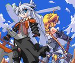  armor borrowed_character girl_with_a_blonde_braid_(tomoshibi_hidekazu) lowres mof mof's_silver_haired_twintailed_girl multiple_girls oekaki original weapon 