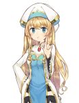  :t blonde_hair blue_eyes commentary dress goblin_slayer! hat highres long_hair looking_at_viewer pout priestess_(goblin_slayer!) sakutake_(ue3sayu) simple_background solo standing white_background white_dress white_hat 