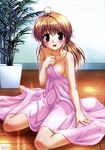  absurdres ahoge barefoot bed_sheet bekkankou blush breasts brown_eyes brown_hair covering fortune_arterial highres large_breasts naked_sheet no_bra plant potted_plant sideboob sitting smile solo under_covers wariza yuuki_haruna 