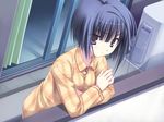  blue_eyes blue_hair crossed_arms empty_x_embryo game_cg muririn nomiya_yuu pajamas short_hair solo 