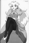  arm_support artist_request comic crossed_legs crown earrings elbow_gloves gloves greyscale hat jewelry lipstick long_hair makeup mario_(series) monochrome pantyhose princess_peach royal sitting solo super_mario_bros. 