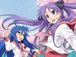  :d armband ascot blue_eyes blue_hair bow green_eyes hair_bow hand_on_hip hiiragi_kagami index_finger_raised izumi_konata long_hair long_sleeves looking_at_viewer lucky_star maruto! mole mole_under_eye multiple_girls open_mouth pink_neckwear purple_hair ryouou_school_uniform school_uniform serafuku shirt skirt smile tied_shirt twintails wallpaper 