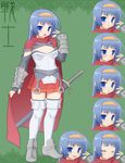  :o amasa_mitsunaru armor armored_boots blue_eyes blue_hair blush boots cape closed_eyes elbow_gloves expressions fantasy gloves green_background hairband hand_on_own_face knight looking_at_viewer looking_away multiple_views open_mouth original pleated_skirt red_cape red_skirt scabbard sheath sheathed skirt smile sword thighhighs weapon white_legwear 