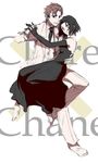  1girl artist_request baccano! bare_shoulders black_eyes black_gloves black_hair brown_hair chane_laforet character_name claire_stanfield dancing dress elbow_gloves formal gloves holding_hands looking_at_viewer lowres short_hair simple_background sleeveless sleeveless_dress suit white_background 