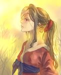  bangs blonde_hair expressionless hair_ribbon japanese_clothes kimono oira_(kagaribi) original outdoors ponytail ribbon solo 