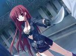  breasts choker cleavage duplicate dutch_angle empty_x_embryo foreshortening game_cg katana kifune_mio kobuichi large_breasts long_hair miniskirt night outdoors red_eyes red_hair skirt solo spider_web_print sword weapon 