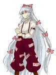  boots bow fujiwara_no_mokou hair_bow long_hair long_sleeves looking_up pants red_eyes shikai_(iesiki_56) shirt silver_hair solo suspenders touhou very_long_hair white_shirt wrist_grab 