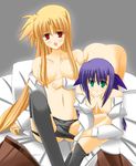  blonde_hair blush breasts fate_testarossa ginga_nakajima green_hair guatemala long_hair lyrical_nanoha mahou_shoujo_lyrical_nanoha_strikers medium_breasts multiple_girls open_clothes open_shirt panties purple_hair red_eyes shirt thighhighs underwear undressing 