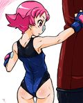  :o armpits artist_request ass bandaid blue_leotard blush body_blush covered_nipples fingerless_gloves flat_chest from_behind gloves gym_leader leotard lowres muscle open_mouth pink_eyes pink_hair pokemon pokemon_(game) pokemon_dppt profile punching punching_bag short_hair simple_background solo standing sumomo_(pokemon) sweat training white_background 