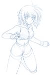  antenna_hair breasts greyscale johnny_(from_scratch) knee_pads large_breasts leg_up looking_at_viewer lyrical_nanoha mahou_shoujo_lyrical_nanoha_strikers monochrome navel short_hair simple_background solo standing standing_on_one_leg subaru_nakajima tomboy white_background 