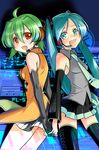  aqua_eyes aqua_hair back-to-back caffein fl-chan fl_studio green_hair hatsune_miku long_hair multiple_girls necktie orange_eyes piano_print red_eyes skirt thighhighs twintails very_long_hair vocaloid zettai_ryouiki 