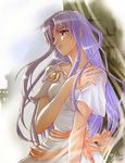  ancient_ys_vanished artist_name bangs blue_hair feena_(ys) floating_hair jewelry light_smile long_hair looking_afar necklace parted_bangs parted_lips pendant pose purple_eyes purple_hair short_sleeves solo wide_sleeves xiacheng_tatsuya ys 
