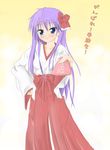  hakama hiiragi_kagami japanese_clothes kuroinu_(sonoba_shinogi) lucky_star miko purple_hair red_hakama solo 