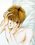  angel_cage angel_sanctuary angel_wings artbook blonde_hair earrings highres jewelry male_focus mudou_setsuna shirtless solo wings yellow_eyes yuki_kaori 