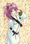 adjusting_eyewear belt blue_eyes copyright_request glasses highres kimizuka_aoi long_hair ponytail purple_hair smile solo strap uniform 